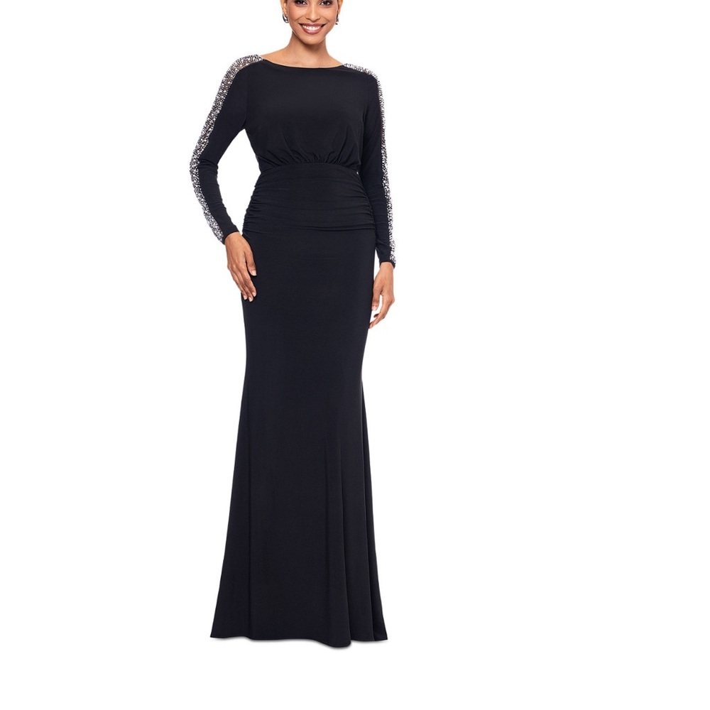 Betsy & Adam Beaded Sleeve Black Jersey Evening Gown SZ 6 NWT Formal Dress GALA